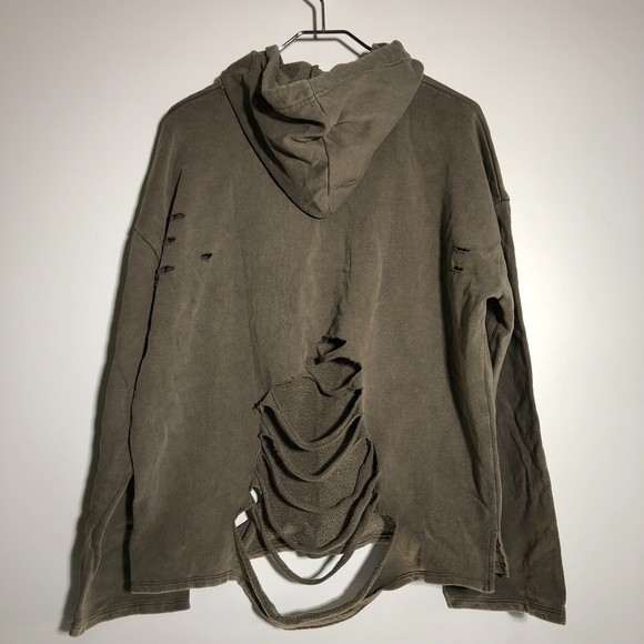 Distressed Mono B Olive Grey Taupe 100% Cotton One Size Oversize Hoodie Sweater - Picture 4 of 13
